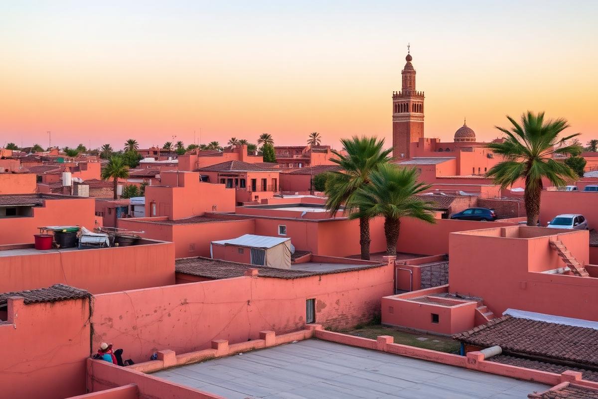 Toits de la médina de Marrakech au coucher du soleil