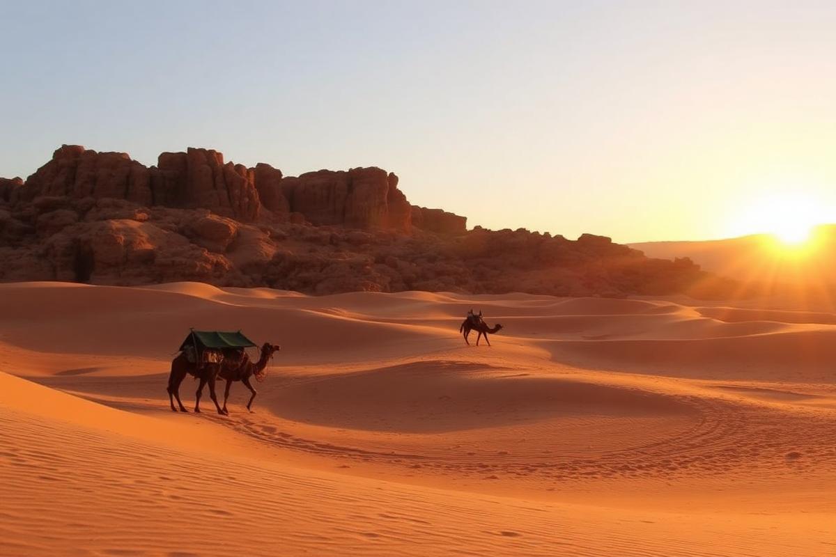 Dromadaires dans le désert d'Agafay au crépuscule